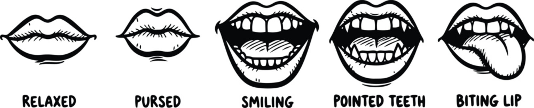 Tattoo flash style close up five mouth expressions lips relaxed pursed smiling pointed teeth biting lip hand drawn vector icons black ink comic sketch outline bold