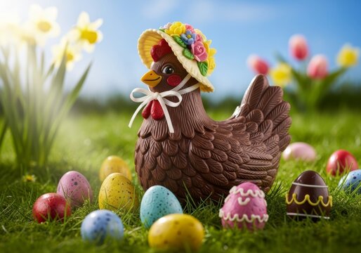 A delicious chocolate hen wearing a floral bonnet sits in the green grass surrounded by colorful Easter eggs.