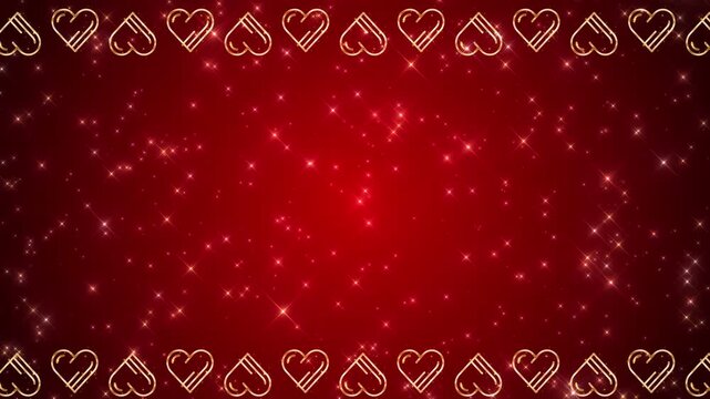 Romantic red background featuring a border of golden heart outlines and twinkling stars, creating a perfect frame for Valentine's Day messages
