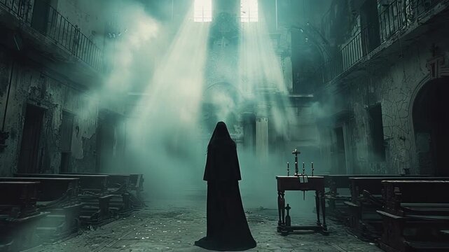 Mysterious wizard wearing cloak standing inside ancient castle illuminated by dramatic sun rays through window