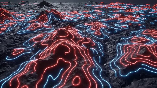 Abstract topography with glowing red and blue contour lines on a dark textured surface