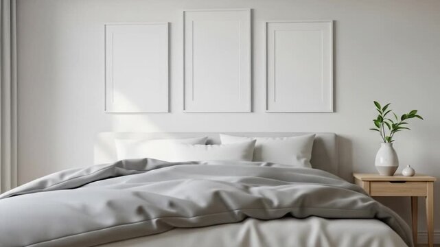 Modern bedroom with unmade bed and empty picture frames on wall