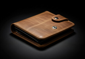 A luxurious tan leather wallet illuminated by a spotlight on a black background. A premium accessory shot featuring hand-stitched details and a stylish metal clasp.