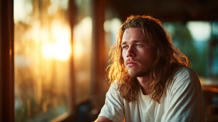 Obraz premium A pensive young man with long hair is deeply engaged in thought, watching a beautiful sunset, creating a moment of introspection and emotional contemplation in natural light.