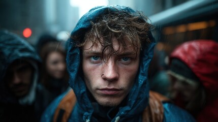 Obraz premium A striking close-up of a young man in a raincoat, capturing his intense gaze amidst a bustling rainy city, evoking emotions of solitude and resilience.