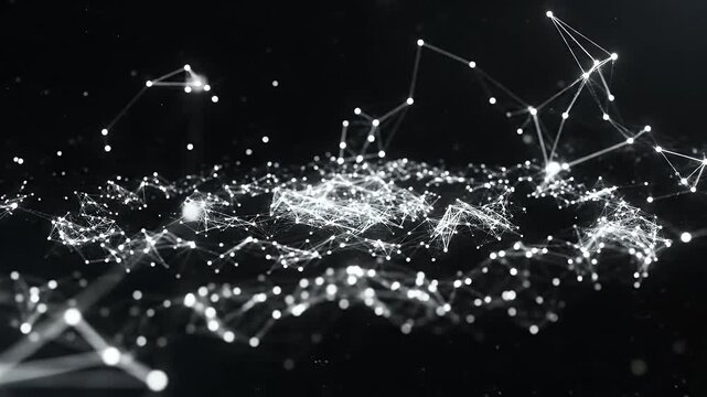 Abstract glowing interconnected nodes and lines forming a constellation-like pattern on a dark background