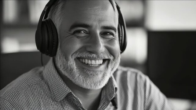 A happy man in headphones, likely a sound engineer or music producer, smiling and looking into the camera.