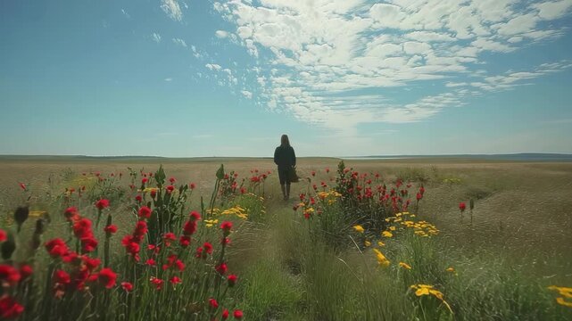 Person walks through misty grassland filled with wildflowers creating dramatic atmospheric landscape under soft diffused light