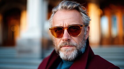 Fototapeta premium A stylish man in sunglasses captures attention with a serious gaze, exuding confidence and sophistication against a beautifully lit architectural background.