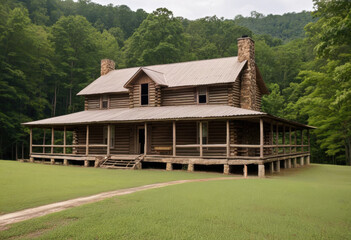 Double-pen log house in Tennessee, two stone chimneys, large front porch