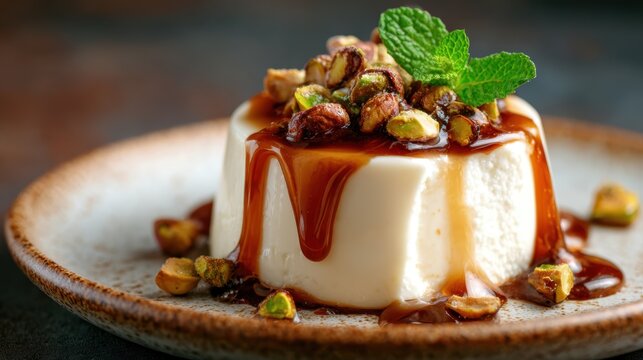 A mouth-watering dessert showcases a creamy panna cotta topped with caramel sauce and chopped pistachios, presenting a perfect treat for sweet lovers.