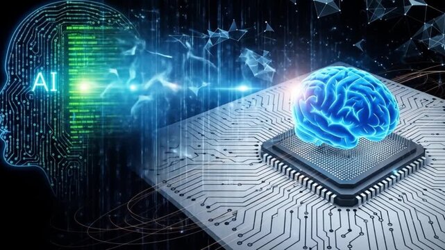 Artificial intelligence concept with human brain on microchip