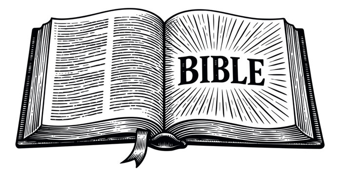 Hand drawn line art illustration of an open Bible depicting radiating light from the word BIBLE for religious concepts