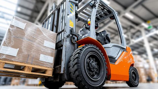 Warehouse operator drives yellow forklift lifting cardboard pallets in busy distribution center, wearing safety vest and helmet, navigating high racking aisles,