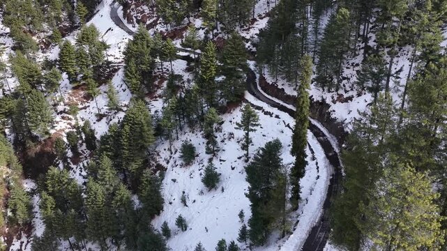 Aerial view of a winding river surrounded by lush green trees and patches of snow on the ground in a natural setting