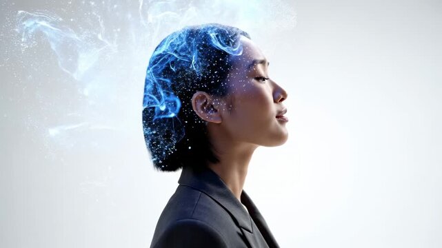 A neural network is visualized as glowing energy flowing from the head of a young woman, suggesting deep cognitive thought processes and her intuitive connection with artificial intelligence.