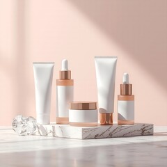 Luxury skincare products set with gold accents on marble minimalist background