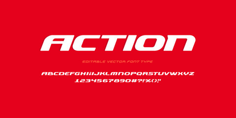 "Action" - sports style font type with bold letters and numbers, geometric text design for sports logos, dynamic typography set for branding with energetic abbreviations - editable vector font   © VRTX