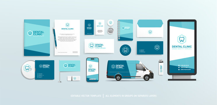 Brand identity concept for Dental Clinic. Corporate Style grpaphics design for Medical Center. Dental Clinic logo on stationery mock-up. Editable vector branding template