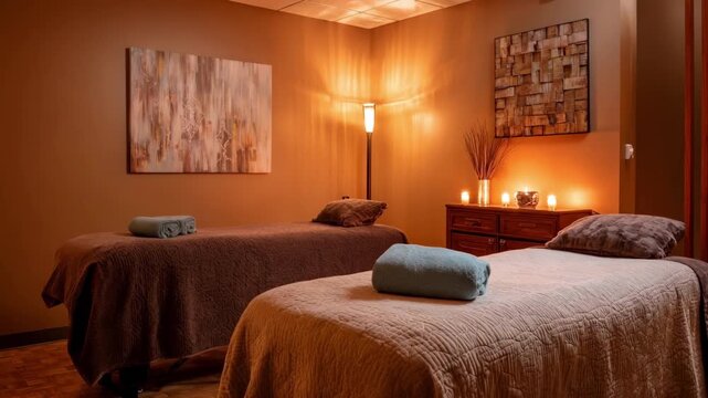 Serene spalike massage therapy room captured in medium shot emphasizing soft indirect lighting heated tables and artful towel arrangements with calming tones.