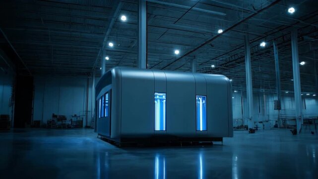 Medium shot of a sleek mobile allied health office pod with sharp focus set inside a spacious warehouse while the background fades softly out of focus.
