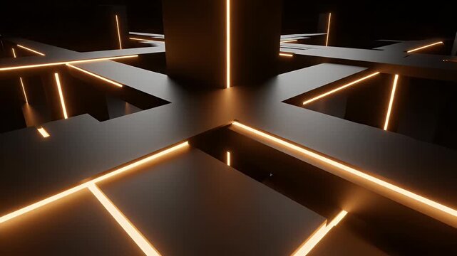 Abstract dark geometric structure with glowing orange linear lights