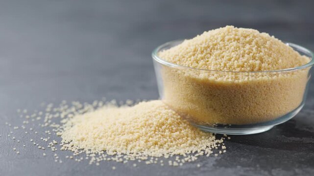 couscous in a glass plate and scattered on a dark kitchen table. Organic couscous in a clear glass bowl on a black marble background.