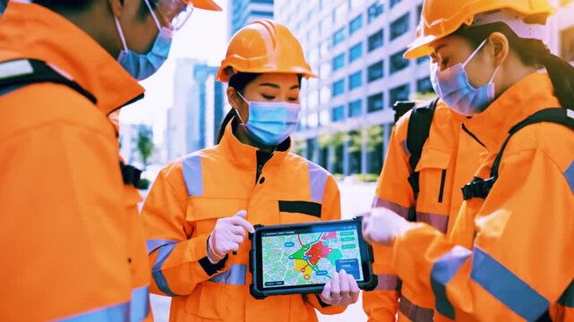 Essential workers utilize digital maps for urban infrastructure planning and safety.
