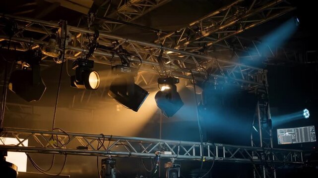 Medium shot of combined warm and cool stadium lights shining through rigging trusses control panels dimly out of focus showcasing layered lighting design.