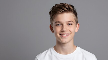 Portrait of a smiling young man with modern haircut isolated on gray background