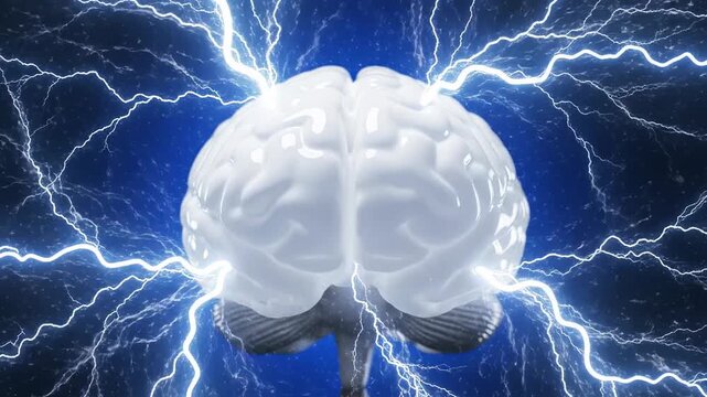 Starting with a static model, blue lightning bolts suddenly strike the glossy human brain, escalating into an intense electrical storm of light and energy. This visualizes a sudden spark of genius.