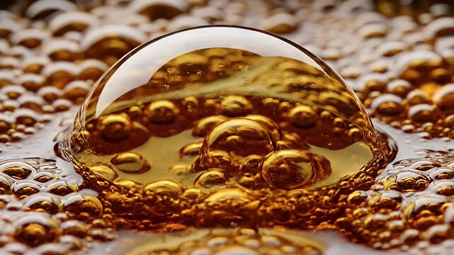 Extreme close-up of a large, translucent bubble among many smaller golden bubbles