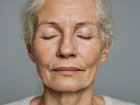 Portrait of a serene elderly woman with eyes closed showcasing natural wrinkles and peaceful expression against a neutral gray background for wellness concepts