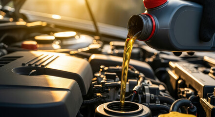 Engine oil is being poured into a car's engine while the sun sets, highlighting the importance of maintenance for vehicle performance.