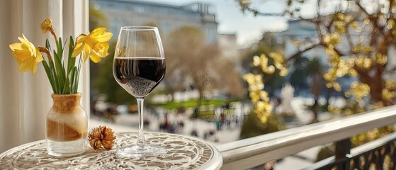 Fototapeta premium Daffodils in a small vase and a glass of red wine sit on an ornate table, overlooking a bustling outdoor scene. Yellow flowers and blurred trees create a warm, vivid spring atmosphere