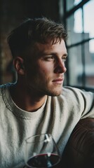 Fototapeta premium Young man with short hair gazes thoughtfully out a window, wearing a light sweater, holding a glass of red wine. Soft natural light illuminates his face, creating a contemplative mood