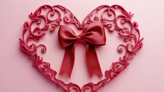 Red heart-shaped decoration with ornate floral pattern and red bow as a symbol of love, ideal for Valentine's Day or anniversaries.