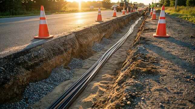 Trench dug for pipes installation along road with traffic cones. Urban utility infrastructure development for residential area.