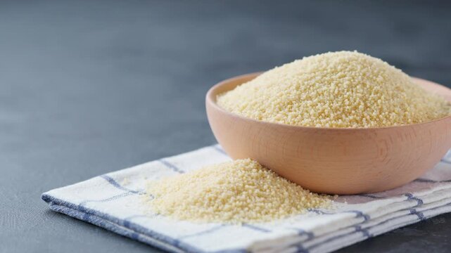 couscous in a wooden bowl on a dark kitchen table.
Organic couscous in a wooden and scattered on a black marble background.