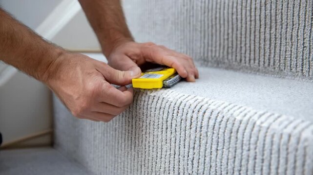 Medium shot showing a closeup of grip tape being applied on staircase edges highlighting textured surfaces for enhanced home safety.