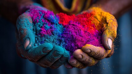 Close up of hands holding vibrant colorful powder, festival celebration in India.