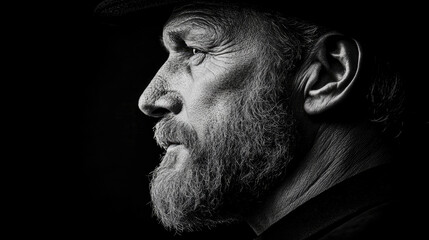 Dramatic Profile Portrait in Black and White of Elderly Man with Full Beard and Hat, Emphasizing Wrinkles and Textures of Age
