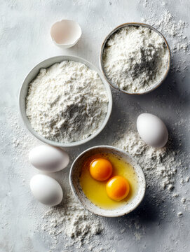 Baking ingredients including two egg yolks in a bowl with whole eggs and two bowls of white flour arranged on a textured surface for recipe preparation