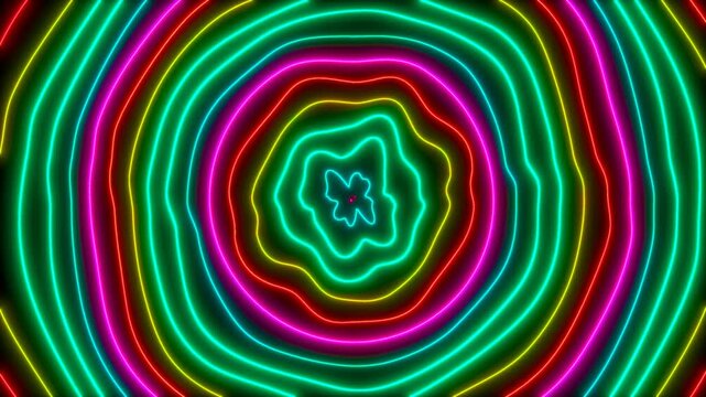 Kaleidoscopic abstract background of colorful neon lines. Seamless hypnotic, trippy psychedelic animation a geometric backdrop