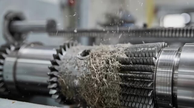 Focused medium shot on lint separating from rotating saw cylinders with fixed ribs softly blurred showcasing fine cleaning details in textile machinery.