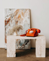Minimalist design featuring a terracotta phone on a marble table with art Generative AI