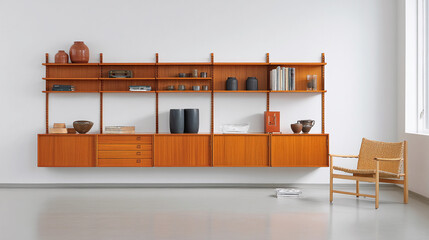 Restored wall unit displays ceramics and books in a simple room setting Generative AI