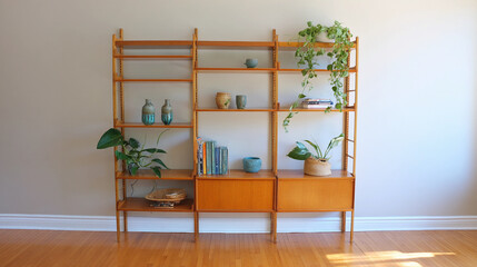 Restored wall unit with ceramics and books displayed in a modern living space Generative AI