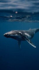 Naklejka premium Humpback whale glides under ocean surface, clear blue water with gentle ripples, serene marine wildlife travel mood, ideal for conservation and World Oceans Day themes