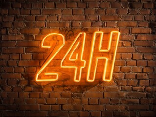 A stylized neon outline text 24h glows against a dark brick wall. Blends artistry,  striking visual contrast.